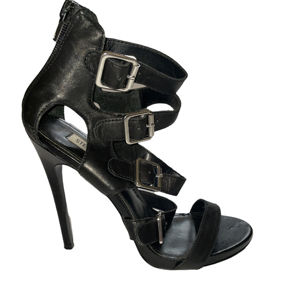 Steve Madden Shoes - Steve Madden Recital Heels Womens 7.5 Black Strappy Open Toe Ankle Straps Buckle